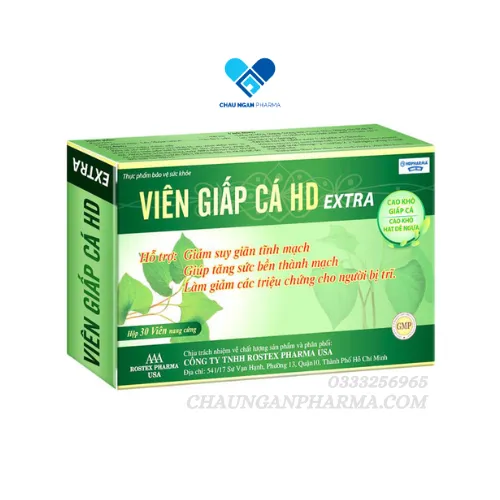 Viên Giấp Cá HD Extra - Hộp 30 viên - Giảm táo bón, trĩ, tăng sức bền thành mạch - Châu Ngân Pharma